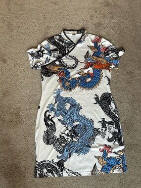 White Dragon Print Short Sleeve Dress Asian style